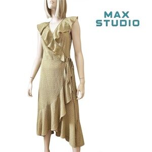 MAX STUDIO Ruffle Wrap Dress Midi Flutter Neckline Flowy Flounce Hem Hi-Low